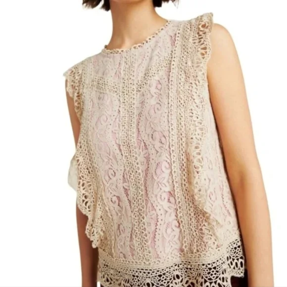 ❤️ NWOT! ANTHROPOLOGIE ERI + ALI SYDNEY LACE BLOUSE / TOP IN BEIGE/PINK, XS - Picture 3 of 12